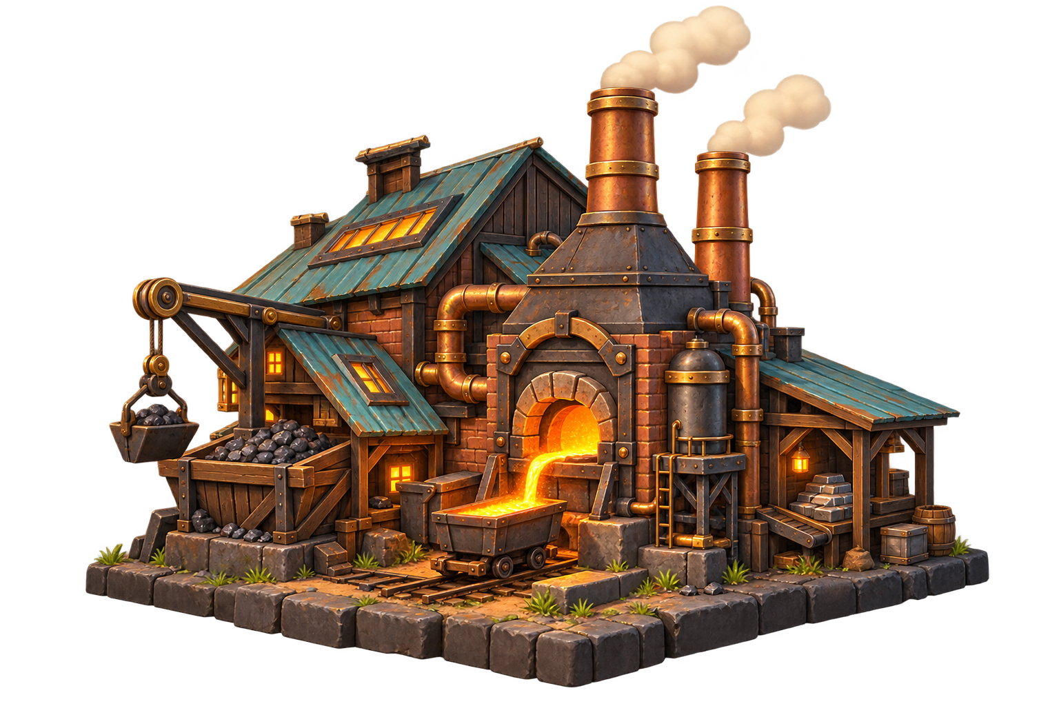 Un atelier industriel illustré, éclairé par son fourneau